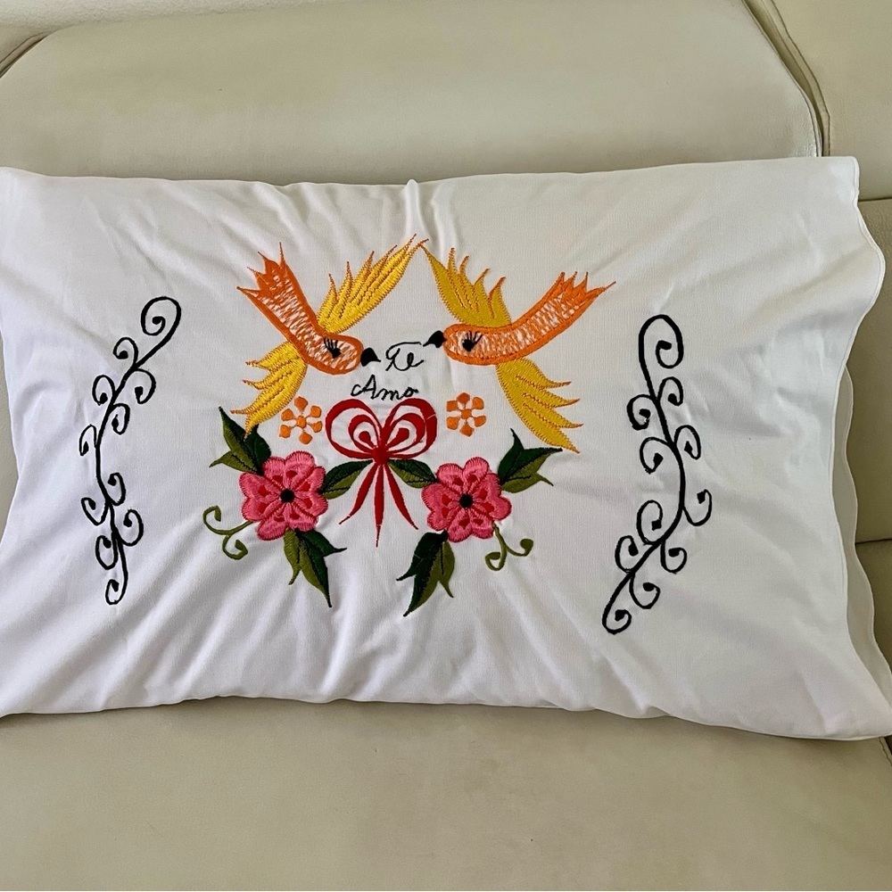 Embroidered White Pillowcase with Colorful Design 18/27 Inch